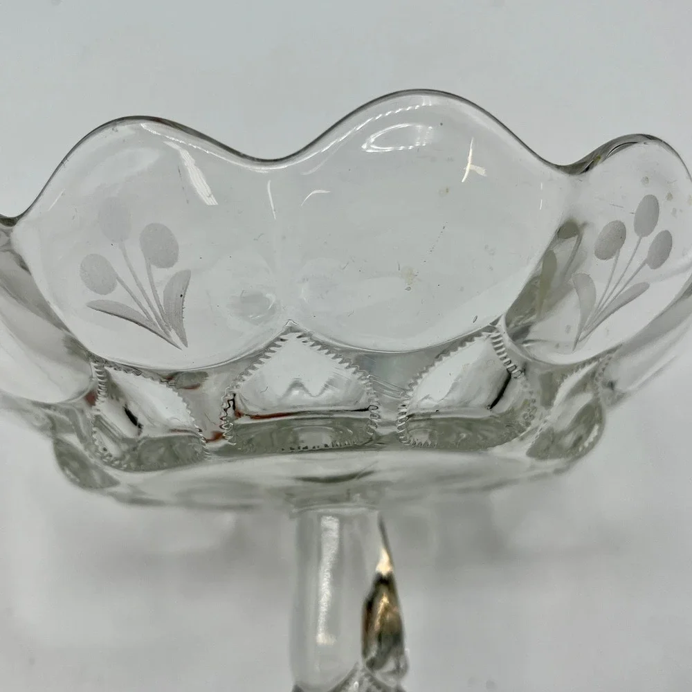 Vintage Clear Glass Pedestal Candy Dish‎ Compote Bowl Floral Etched